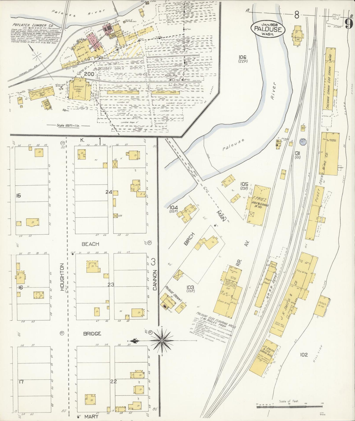 Sanborn Fire Insurance Map from Palouse City, Whitman County, Washington (1908), Sheet #0009 - Historic Sanborn Fire Insurance Map Print, vintage old map wall art, antique decor, genealogy gift, Washington Washington map