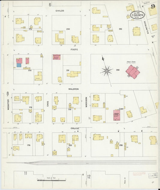 Sanborn Fire Insurance Map from Corinth, Alcorn County, Mississippi (1909), Sheet #0009 - Historic Sanborn Fire Insurance Map Print, vintage old map wall art, antique decor, genealogy gift, Mississippi Mississippi map