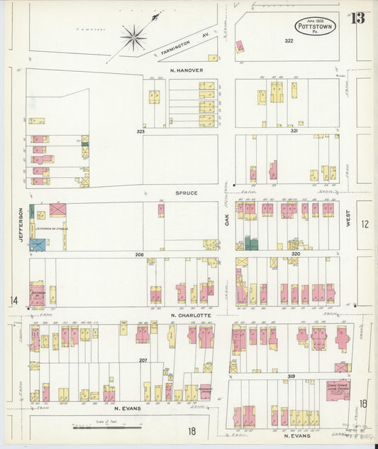 Sanborn Fire Insurance Map from Pottstown, Montgomery County, Pennsylvania (1909), Sheet #0013 - Historic Sanborn Fire Insurance Map Print, vintage old map wall art, antique decor, genealogy gift, Pennsylvania Pennsylvania map