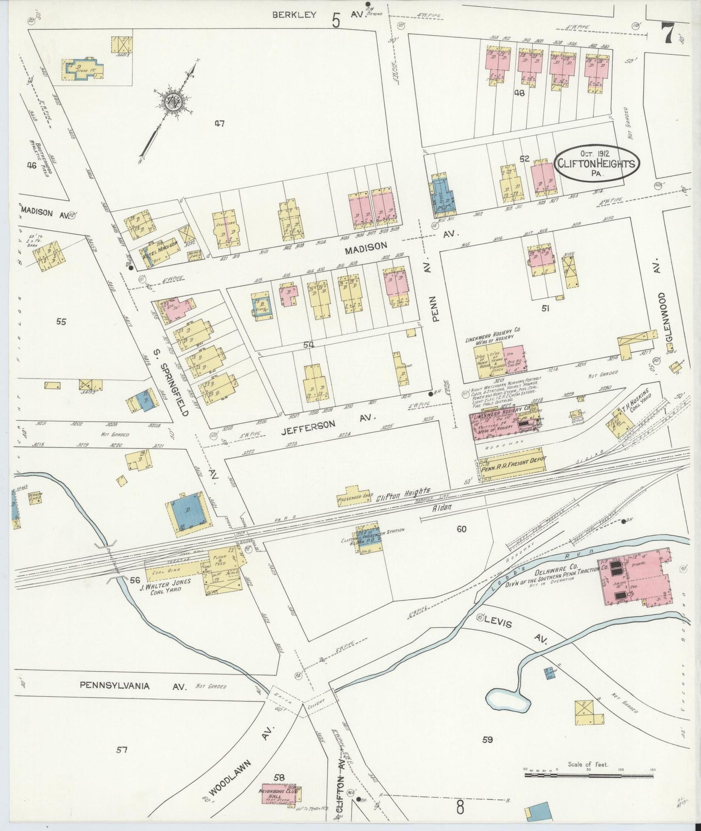 Sanborn Fire Insurance Map from Clifton Heights, Delaware County, Pennsylvania (1912), Sheet #0007 - Historic Sanborn Fire Insurance Map Print, vintage old map wall art, antique decor, genealogy gift, Clifton Heights Delaware map