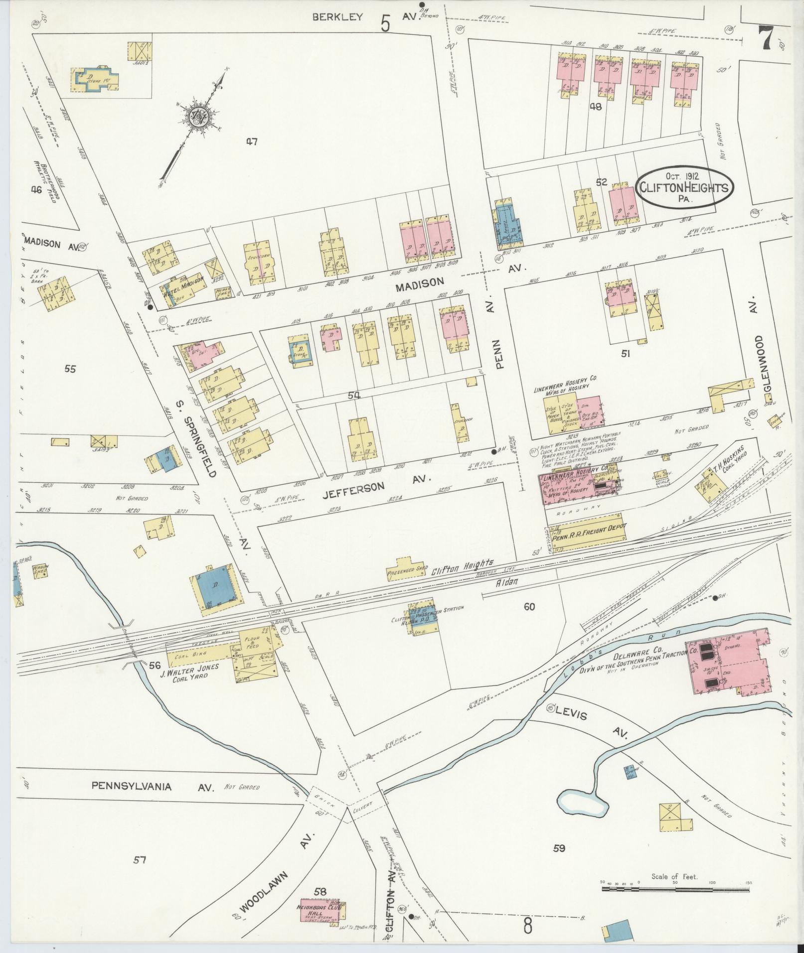 Sanborn Fire Insurance Map from Clifton Heights, Delaware County, Pennsylvania (1912), Sheet #0007 - Historic Sanborn Fire Insurance Map Print, vintage old map wall art, antique decor, genealogy gift, Clifton Heights Delaware map