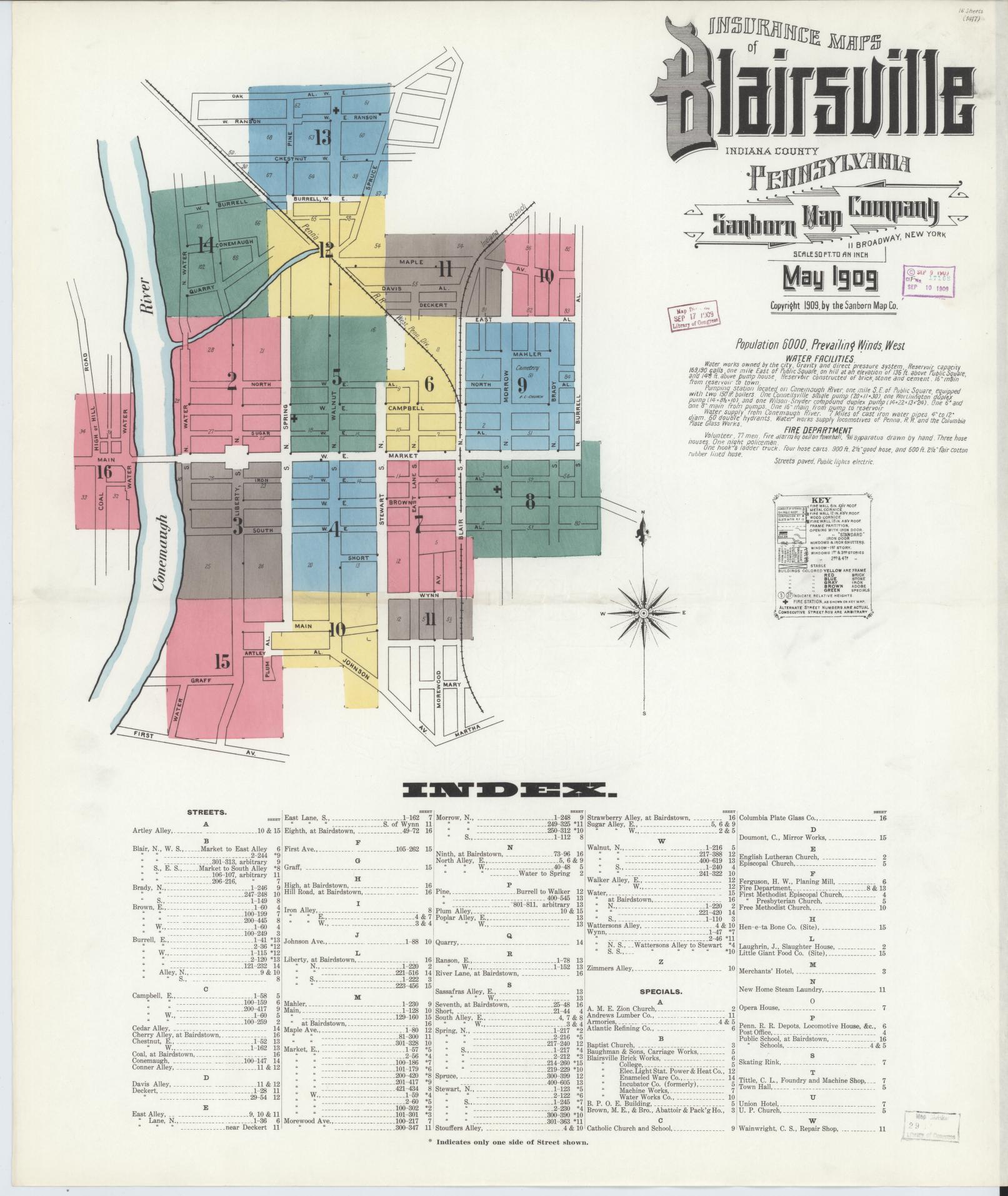 Sanborn Fire Insurance Map from Blairsville, Indiana County, Pennsylvania (1909), Sheet #0001 - Historic Sanborn Fire Insurance Map Print, vintage old map wall art, antique decor, genealogy gift, Pennsylvania Pennsylvania map