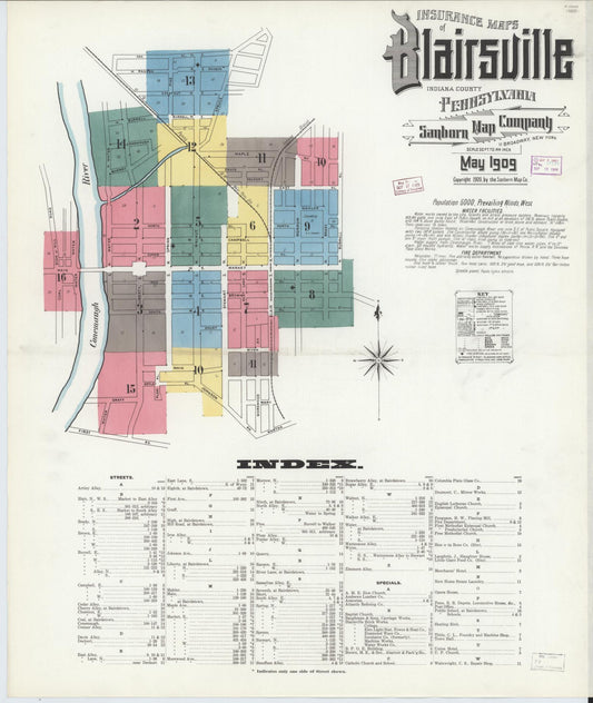 Sanborn Fire Insurance Map from Blairsville, Indiana County, Pennsylvania (1909), Sheet #0001 - Historic Sanborn Fire Insurance Map Print, vintage old map wall art, antique decor, genealogy gift, Pennsylvania Pennsylvania map
