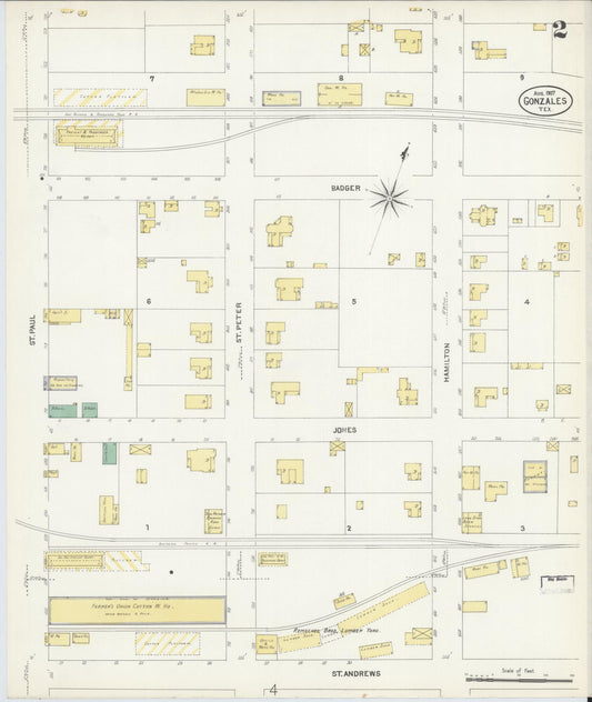 Sanborn Fire Insurance Map from Gonzales, Gonzales County, Texas (1907), Sheet #0002 - Historic Sanborn Fire Insurance Map Print, vintage old map wall art, antique decor, genealogy gift, Texas Texas map
