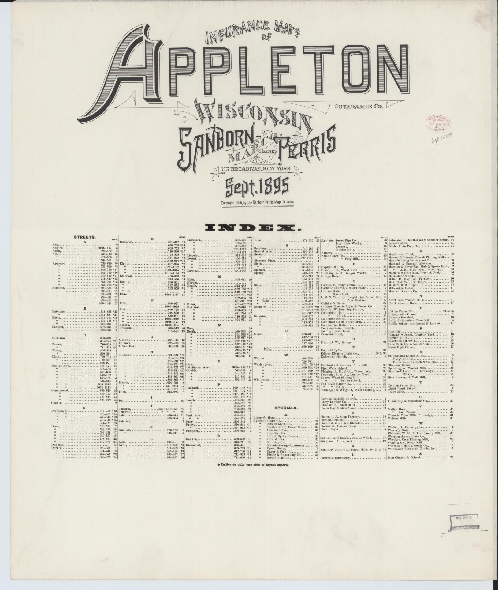 Appleton, Outagamie County, Wisconsin (1895) – Sanborn Fire Insurance Map – Map View