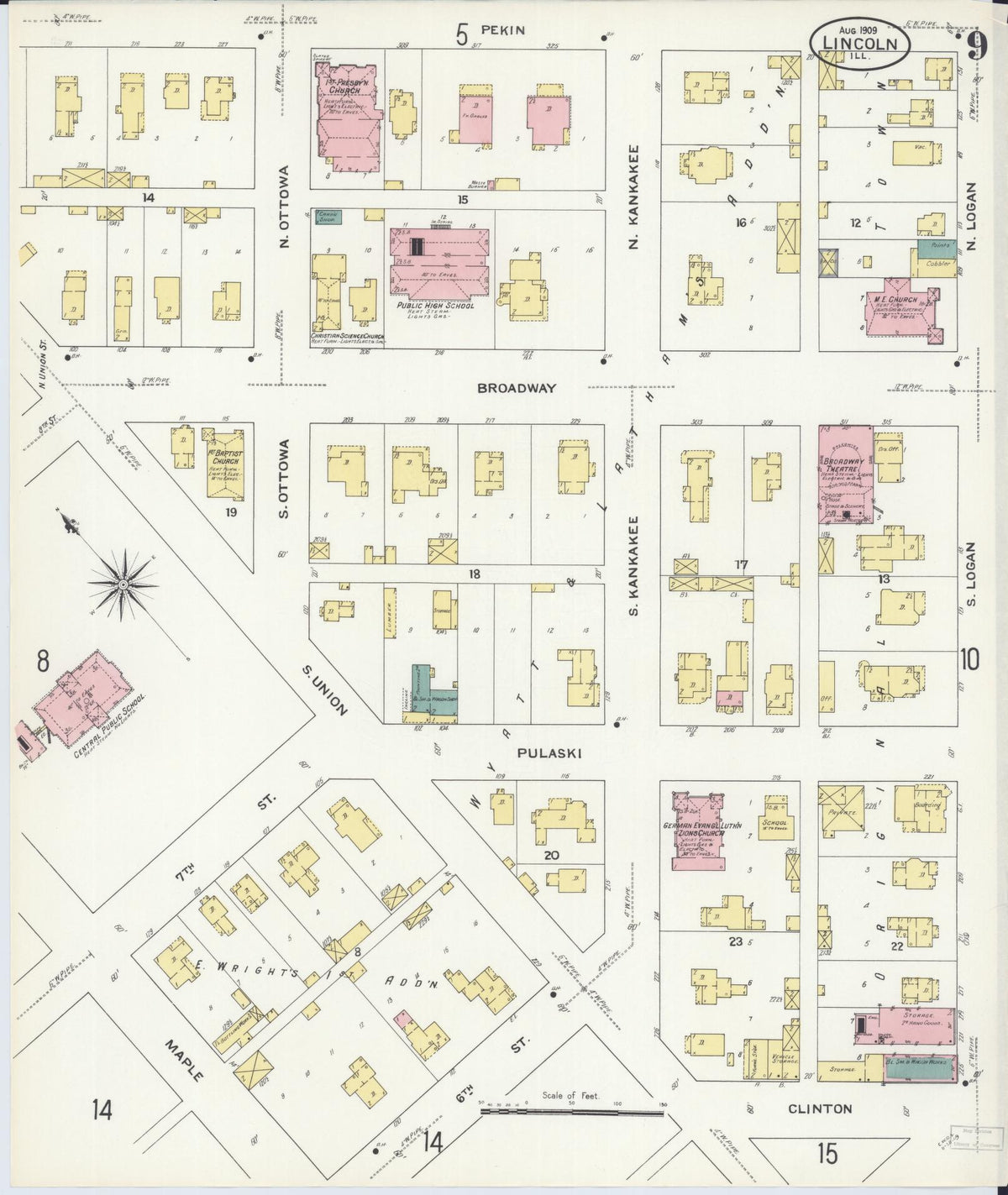 Sanborn Fire Insurance Map from Lincoln, Logan County, Illinois (1909), Sheet #0009 - Complete Map Set gallery image, historic Sanborn map, vintage wall art, Illinois Illinois