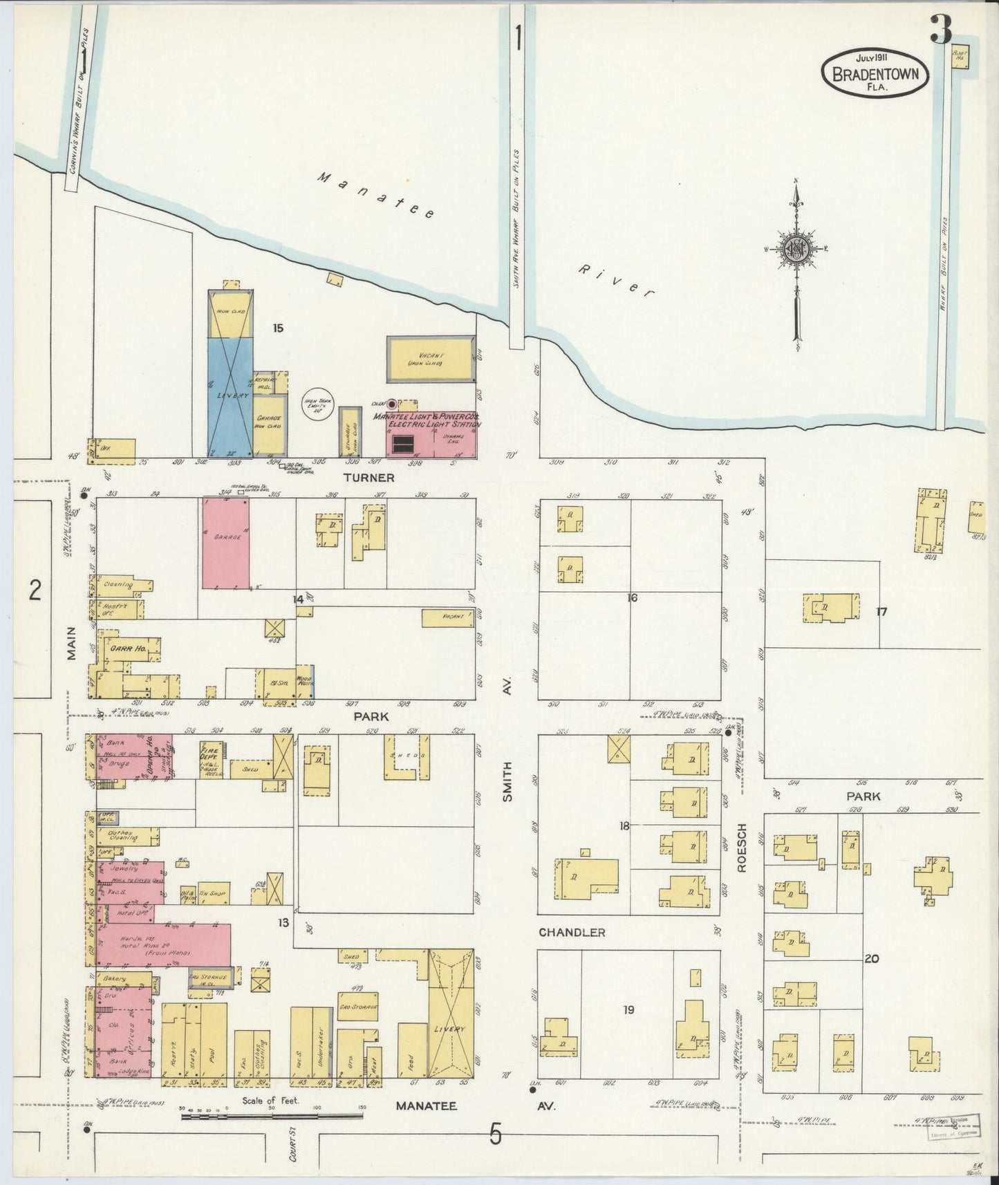 Sanborn Fire Insurance Map from Bradentown, Manatee County, Florida (1911), Sheet #0003 - Complete Map Set gallery image, historic Sanborn map, vintage wall art, Florida Florida