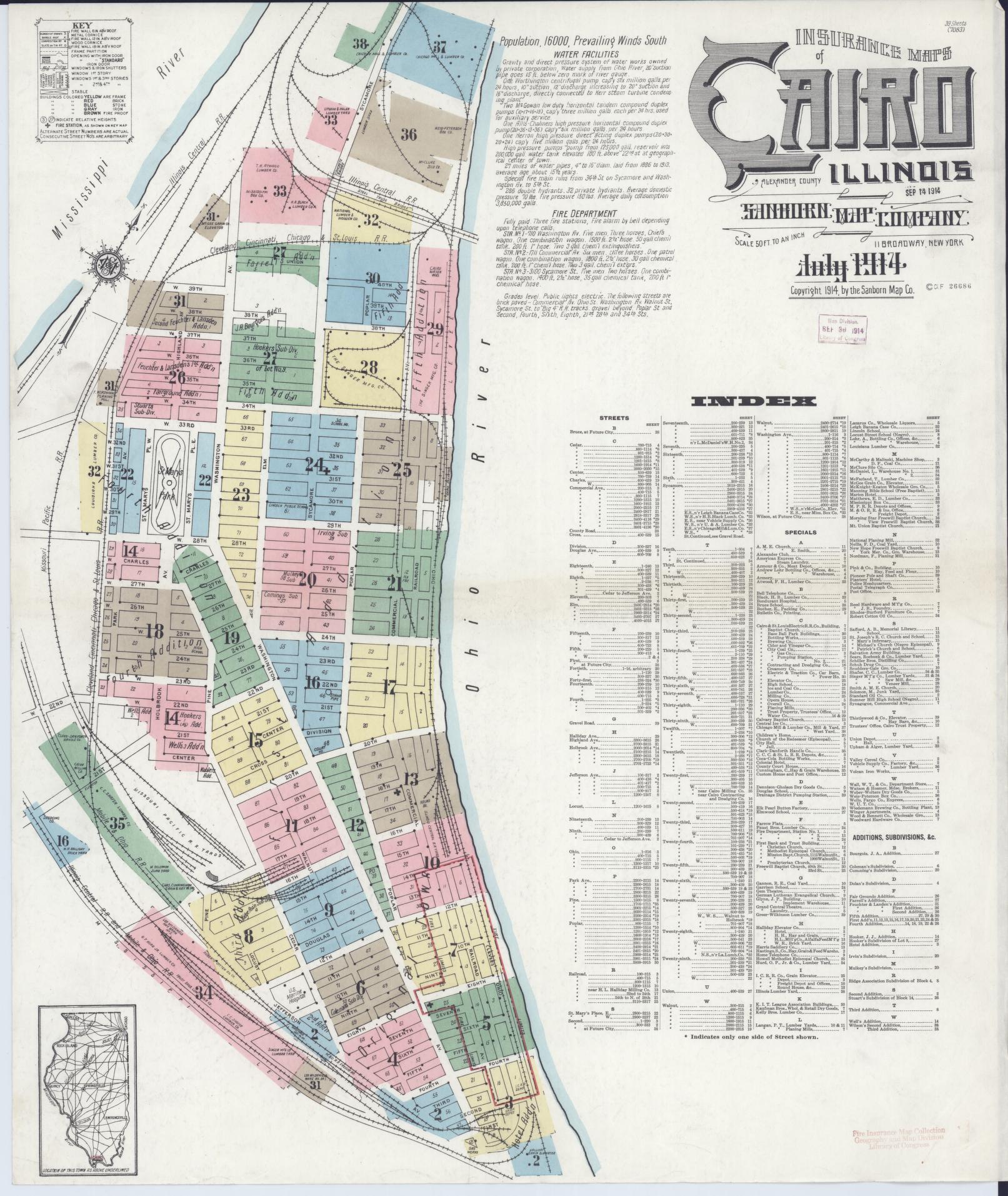 Sanborn Fire Insurance Map from Cairo, Alexander County, Illinois (1914), Sheet #0001 - Complete Map Set gallery image, historic Sanborn map, vintage wall art, Illinois Illinois