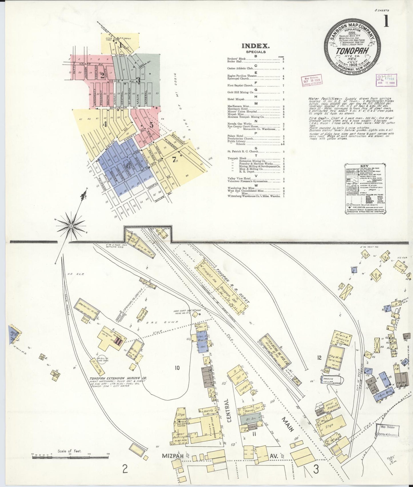 Sanborn Fire Insurance Map from Tonopah, Nye County, Nevada (1909), Sheet #0001 - Complete Map Set gallery image, historic Sanborn map, vintage wall art, Nevada Nevada
