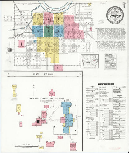 Sanborn Fire Insurance Map from Vinton, Benton County, Iowa (1921), Sheet #0001 - Historic Sanborn Fire Insurance Map Print, vintage old map wall art