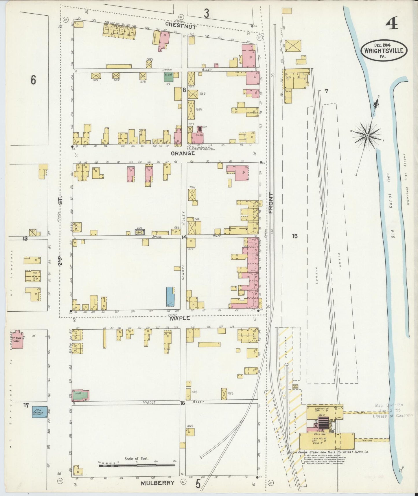 Sanborn Fire Insurance Map from Wrightsville, York County, Pennsylvania (1904), Sheet #0004 - Historic Sanborn Fire Insurance Map Print, vintage old map wall art, antique decor, genealogy gift, Pennsylvania Pennsylvania map