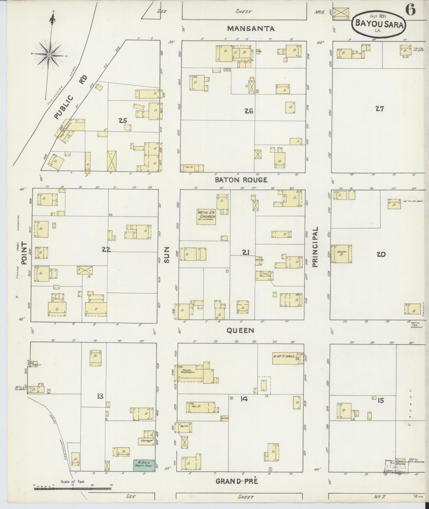 Sanborn Fire Insurance Map from Bayou Sara, West Feliciana Parish, Louisiana (1891), Sheet #0006 - Complete Map Set gallery image, historic Sanborn map, vintage wall art, Louisiana Louisiana