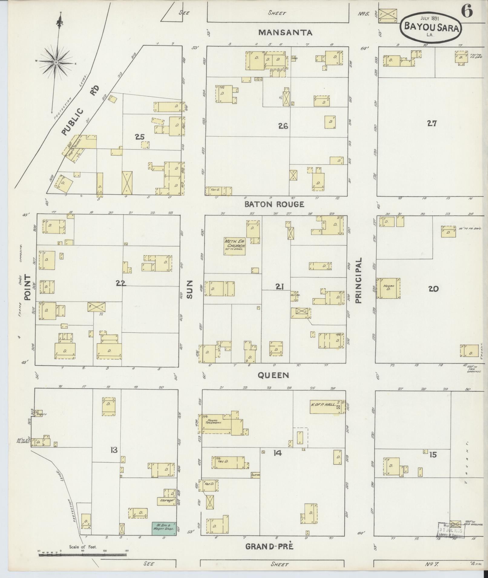 Sanborn Fire Insurance Map from Bayou Sara, West Feliciana Parish, Louisiana (1891), Sheet #0006 - Complete Map Set gallery image, historic Sanborn map, vintage wall art, Louisiana Louisiana