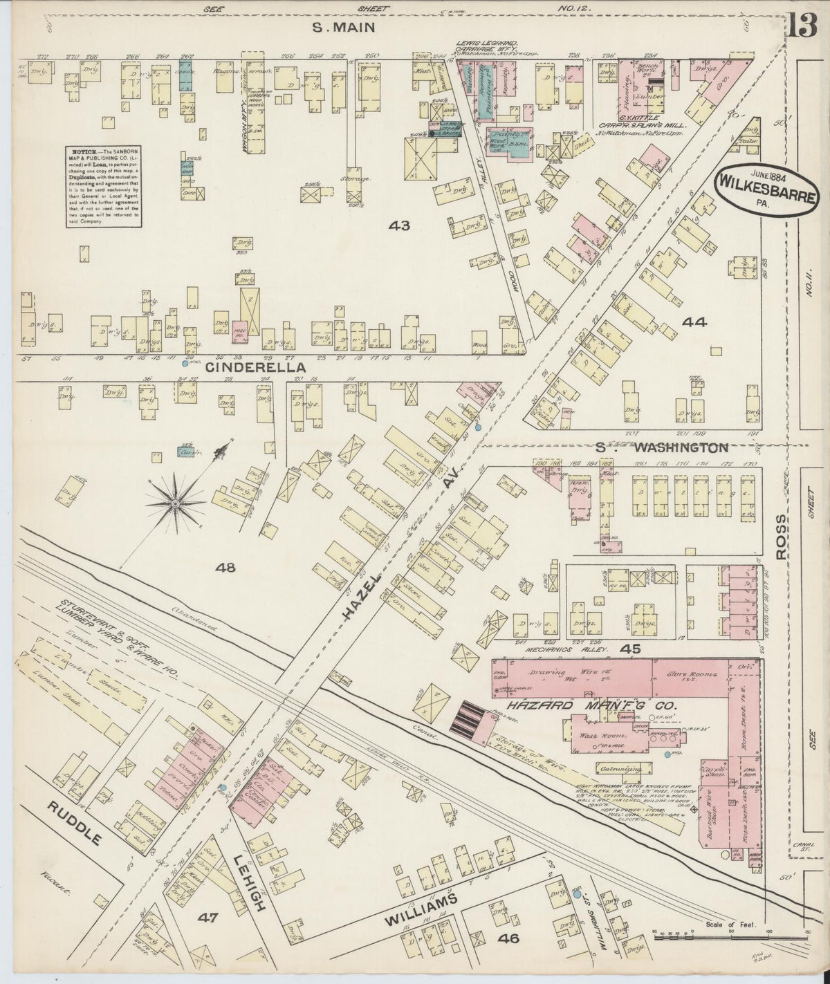 Sanborn Fire Insurance Map from Wilkes Barre, Luzerne County, Pennsylvania (1884), Sheet #0013 - Historic Sanborn Fire Insurance Map Print, vintage old map wall art, antique decor, genealogy gift, Pennsylvania Pennsylvania map