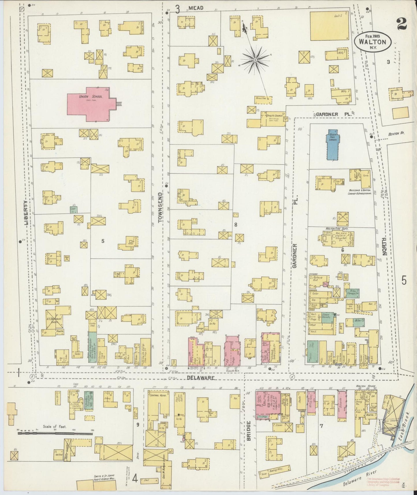 Sanborn Fire Insurance Map from Walton, Delaware County, New York (1903), Sheet #0002 - Complete Map Set gallery image, historic Sanborn map, vintage wall art, Walton Delaware