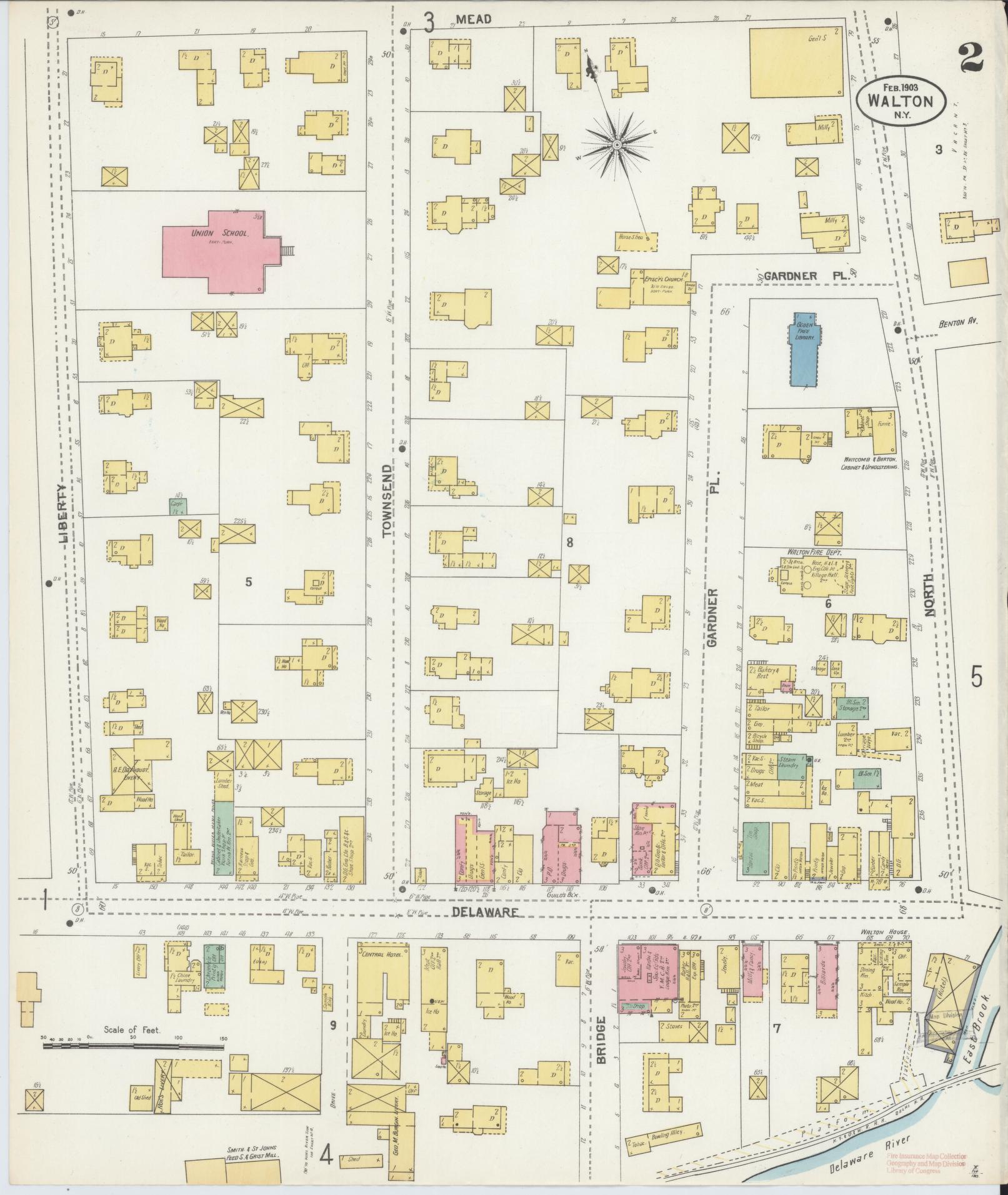 Sanborn Fire Insurance Map from Walton, Delaware County, New York (1903), Sheet #0002 - Complete Map Set gallery image, historic Sanborn map, vintage wall art, Walton Delaware