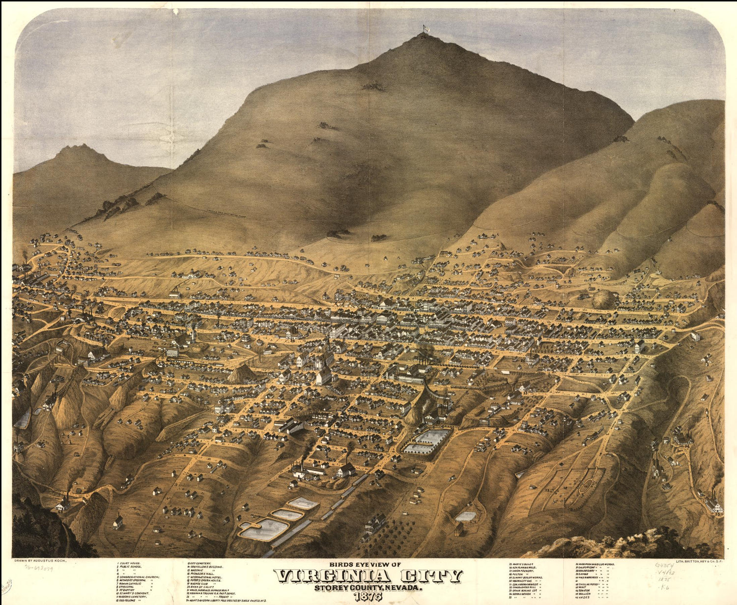 Birds eye view of Virginia City, Storey County, Nevada. (1875) – Historic Bird’s-Eye View Panorama Print