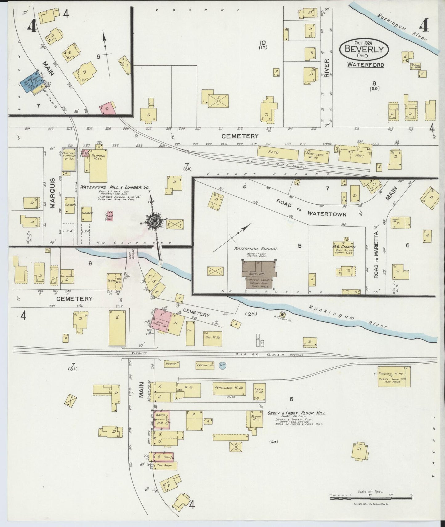Sanborn Fire Insurance Map from Beverly, Washington County, Ohio (1924), Sheet #0004 - Historic Sanborn Fire Insurance Map Print, vintage old map wall art, antique decor, genealogy gift, Ohio Ohio map