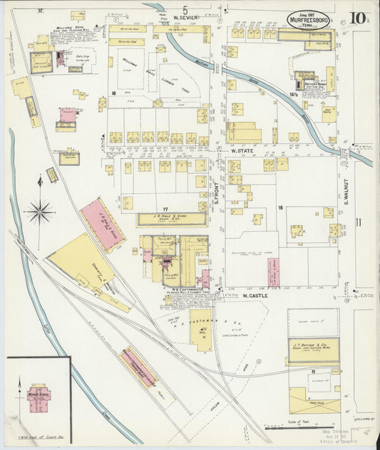 Sanborn Fire Insurance Map from Murfreesboro, Rutherford County, Tennessee (1907), Sheet #0010 - Historic Sanborn Fire Insurance Map Print, vintage old map wall art, antique decor, genealogy gift, Tennessee Tennessee map