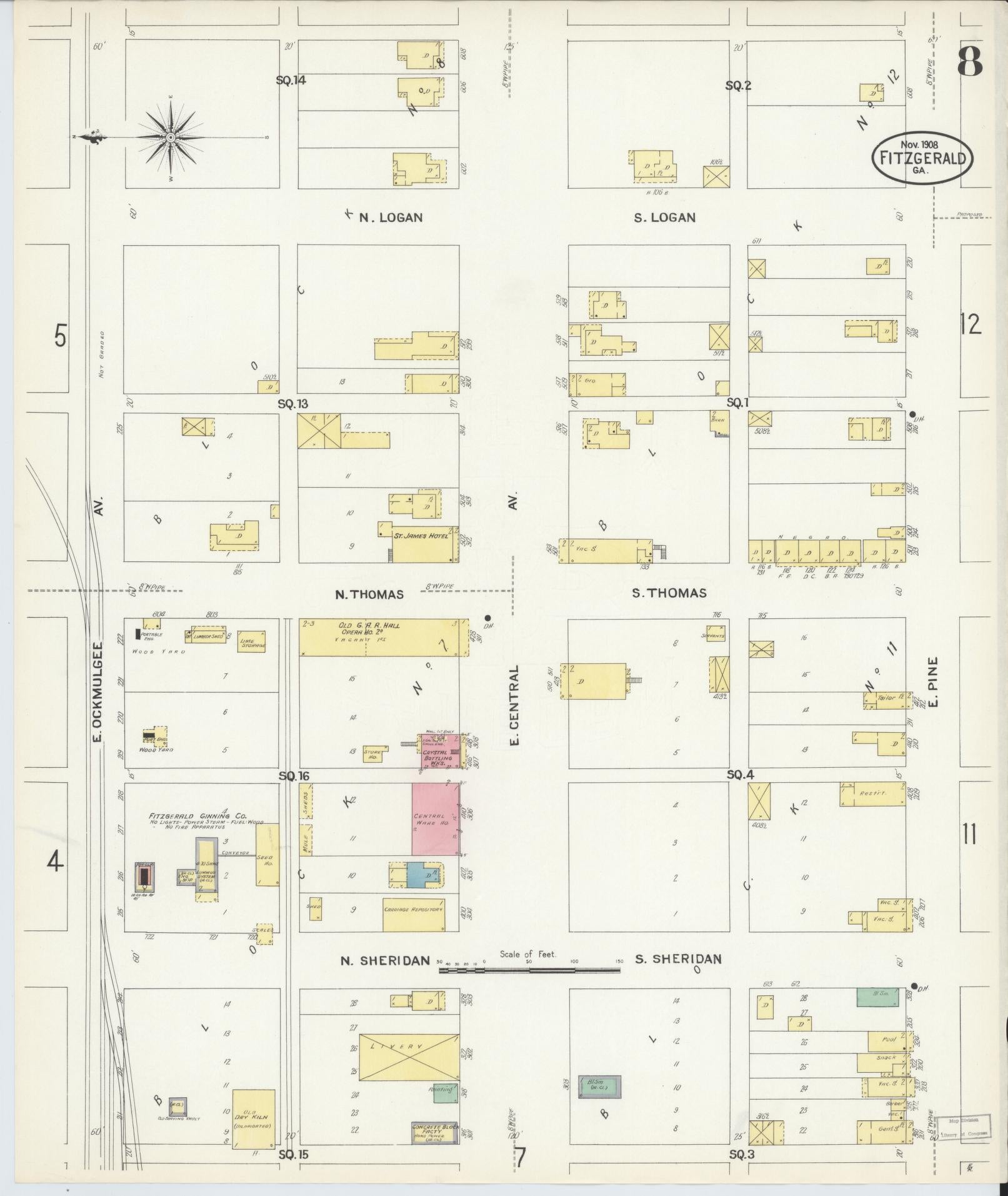 Sanborn Fire Insurance Map from Fitzgerald, Ben Hill County, Georgia (1908), Sheet #0008 - Complete Map Set gallery image, historic Sanborn map, vintage wall art, Georgia Georgia