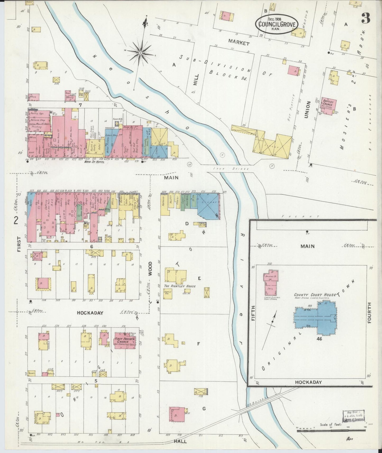 Sanborn Fire Insurance Map from Council Grove, Morris County, Kansas (1908), Sheet #0003 - Complete Map Set gallery image, historic Sanborn map, vintage wall art, Kansas Kansas