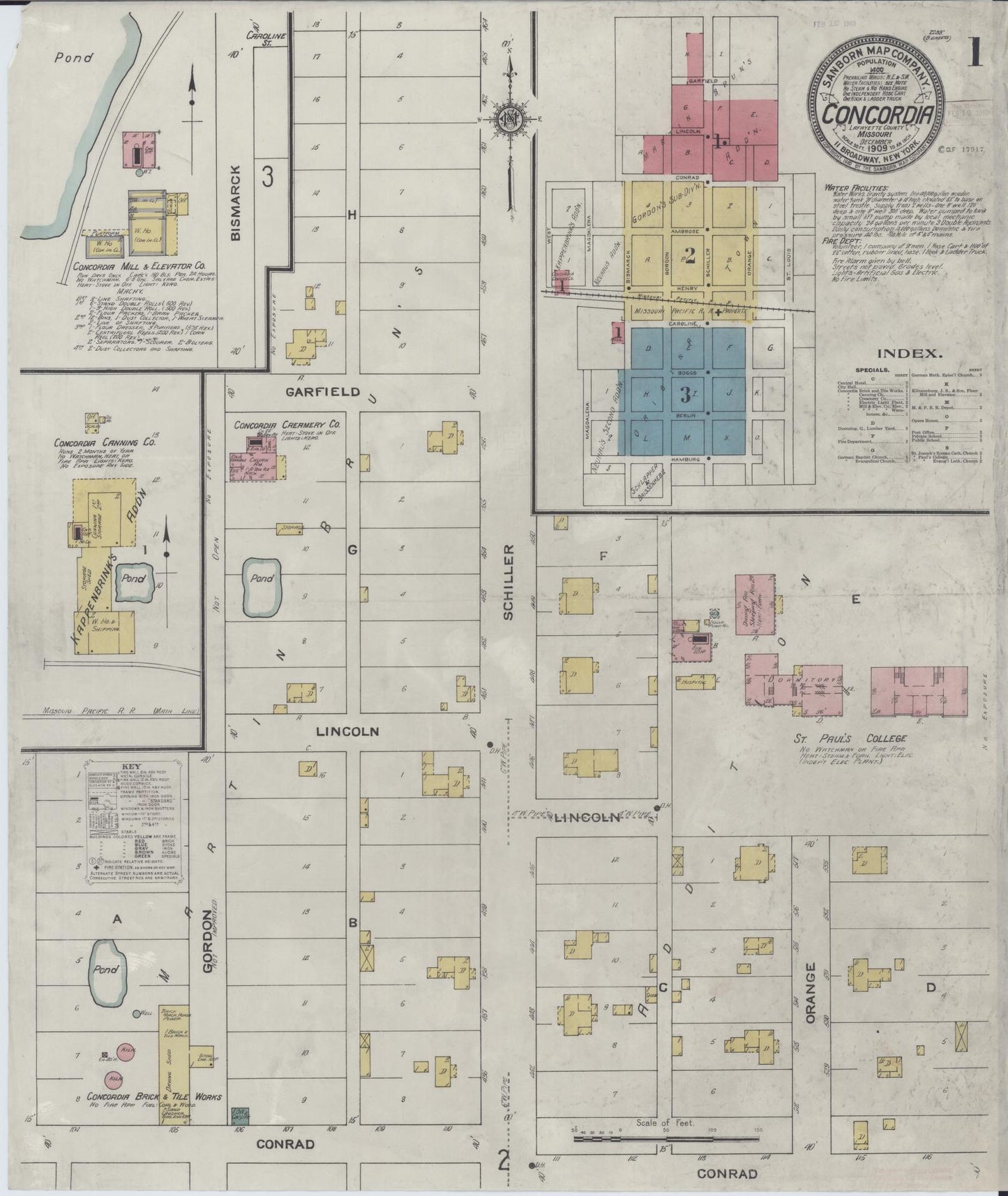 Sanborn Fire Insurance Map from Concordia, Lafayette County, Missouri (1909), Sheet #0001 - Historic Sanborn Fire Insurance Map Print, vintage old map wall art, antique decor, genealogy gift, Missouri Missouri map