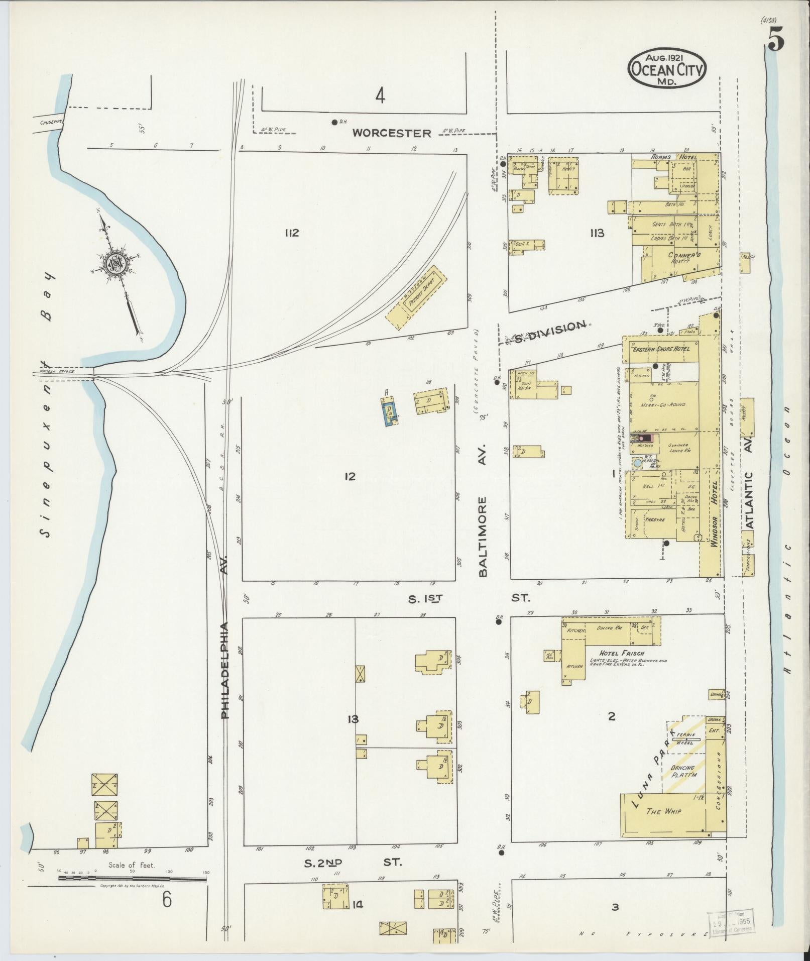 Sanborn Fire Insurance Map from Ocean City, Worcester County, Maryland (1921), Sheet #0005 - Historic Sanborn Fire Insurance Map Print, vintage old map wall art