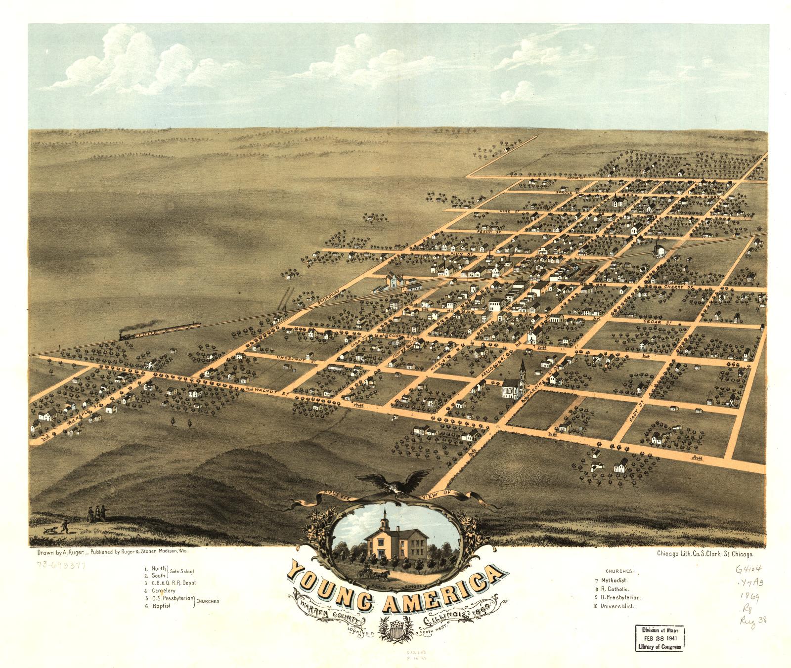 Bird's eye view of Young America, Warren County, Illinois 1869. (1869) – Historic Bird’s-Eye View Panorama Print