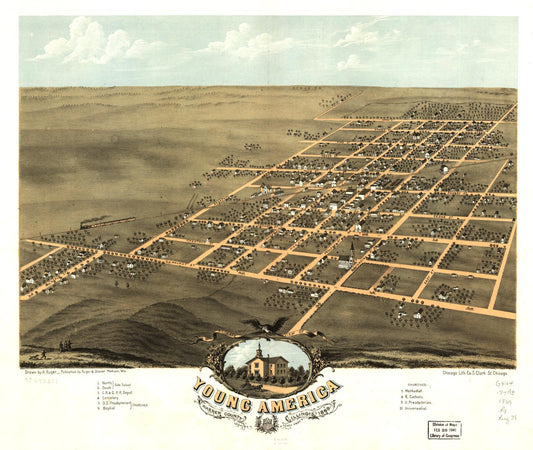 Bird's eye view of Young America, Warren County, Illinois 1869. (1869) – Historic Bird’s-Eye View Panorama Print