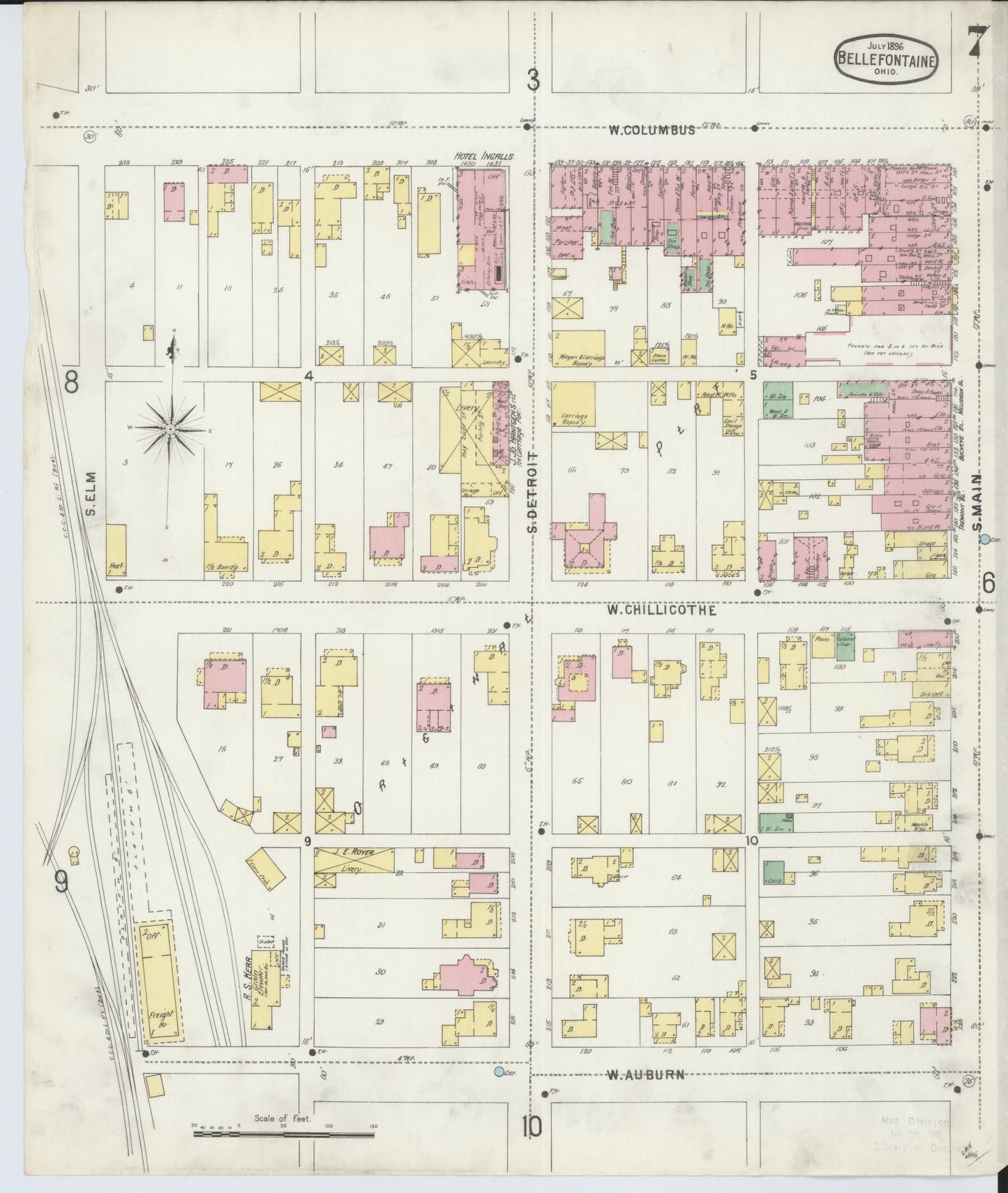 Sanborn Fire Insurance Map from Bellefontaine, Logan County, Ohio (1896), Sheet #0007 - Historic Sanborn Fire Insurance Map Print, vintage old map wall art, antique decor, genealogy gift, Ohio Ohio map