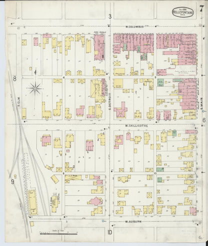 Sanborn Fire Insurance Map from Bellefontaine, Logan County, Ohio (1896), Sheet #0007 - Historic Sanborn Fire Insurance Map Print, vintage old map wall art, antique decor, genealogy gift, Ohio Ohio map