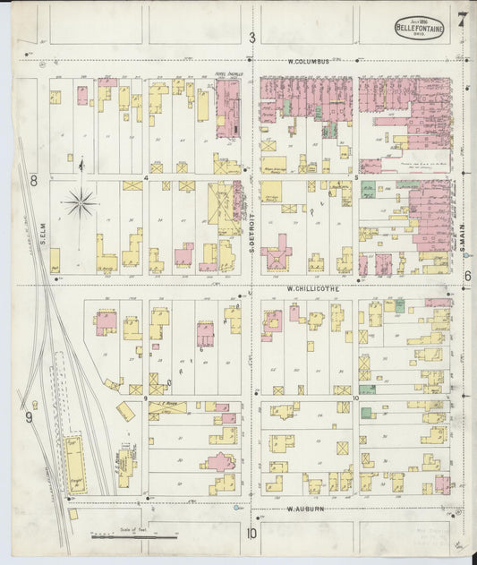 Sanborn Fire Insurance Map from Bellefontaine, Logan County, Ohio (1896), Sheet #0007 - Historic Sanborn Fire Insurance Map Print, vintage old map wall art, antique decor, genealogy gift, Ohio Ohio map
