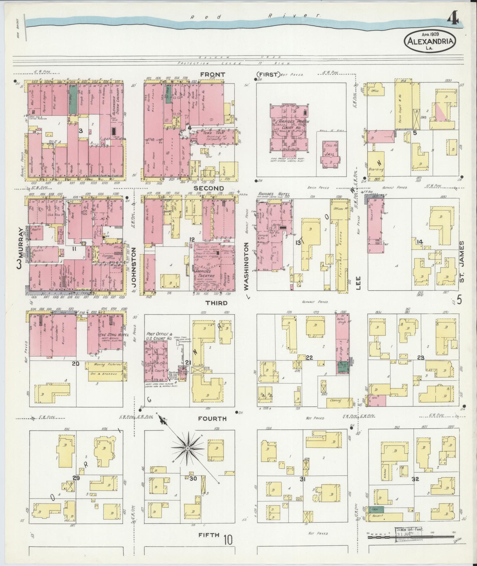 Sanborn Fire Insurance Map from Alexandria, Rapides Parish, Louisiana (1909), Sheet #0004 - Historic Sanborn Fire Insurance Map Print, vintage old map wall art, antique decor, genealogy gift, Louisiana Louisiana map