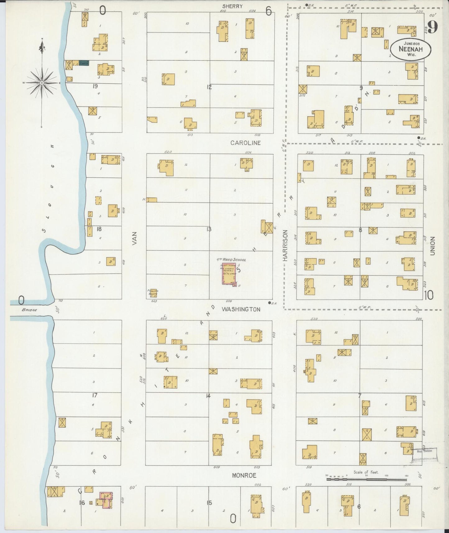 Sanborn Fire Insurance Map from Neenah, Winnebago County, Wisconsin (1906), Sheet #0009 - Historic Sanborn Fire Insurance Map Print, vintage old map wall art, antique decor, genealogy gift, Wisconsin Wisconsin map