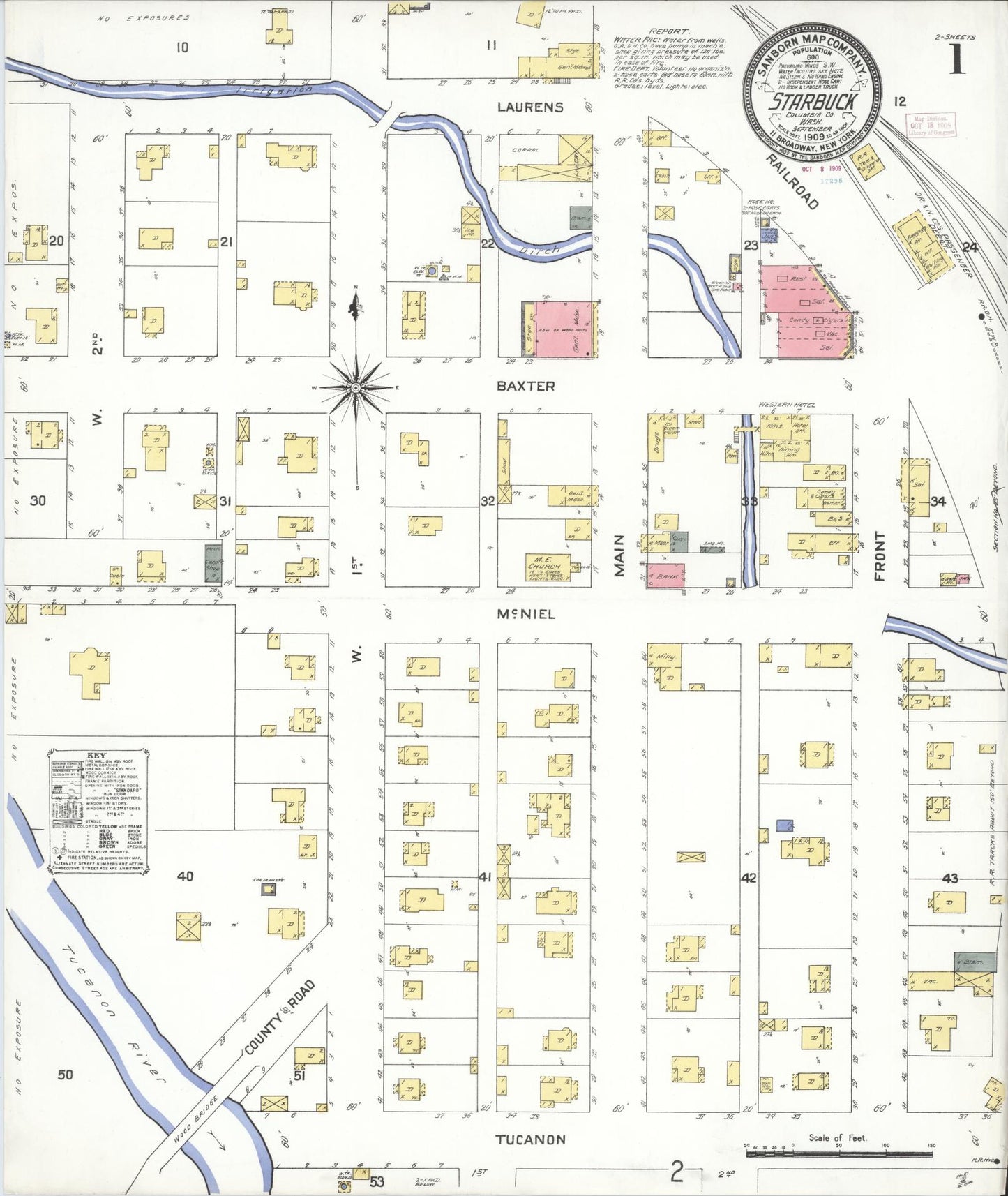 Sanborn Fire Insurance Map from Starbuck, Columbia County, Washington (1909), Sheet #0001 - Historic Sanborn Fire Insurance Map Print, vintage old map wall art, antique decor, genealogy gift, Washington Washington map