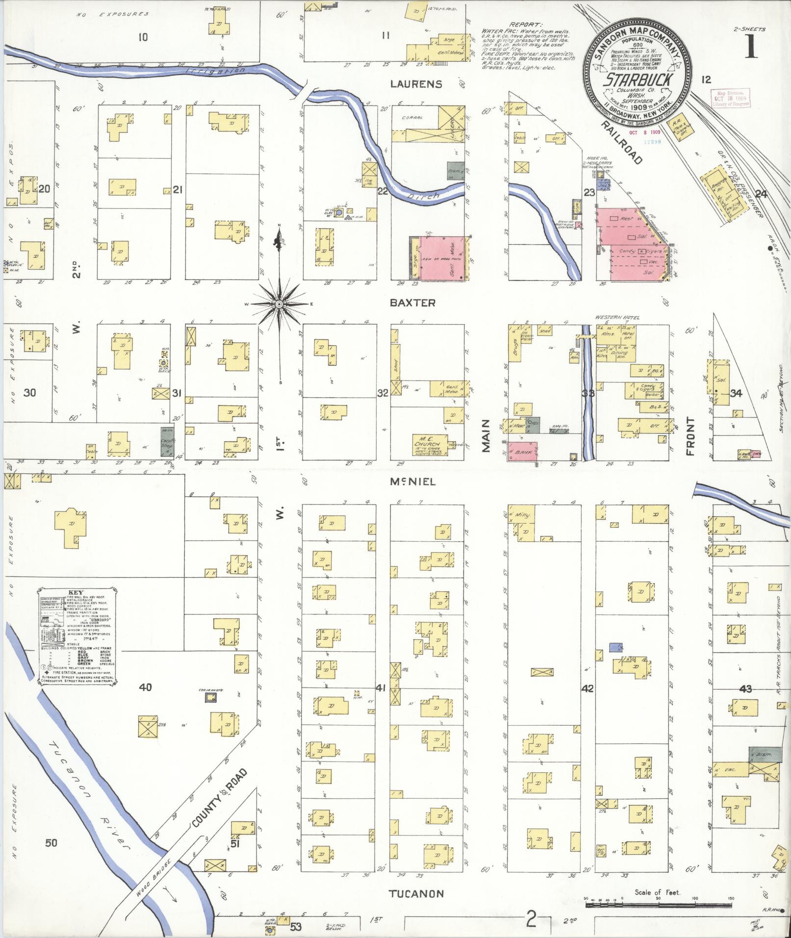 Sanborn Fire Insurance Map from Starbuck, Columbia County, Washington (1909), Sheet #0001 - Historic Sanborn Fire Insurance Map Print, vintage old map wall art, antique decor, genealogy gift, Washington Washington map