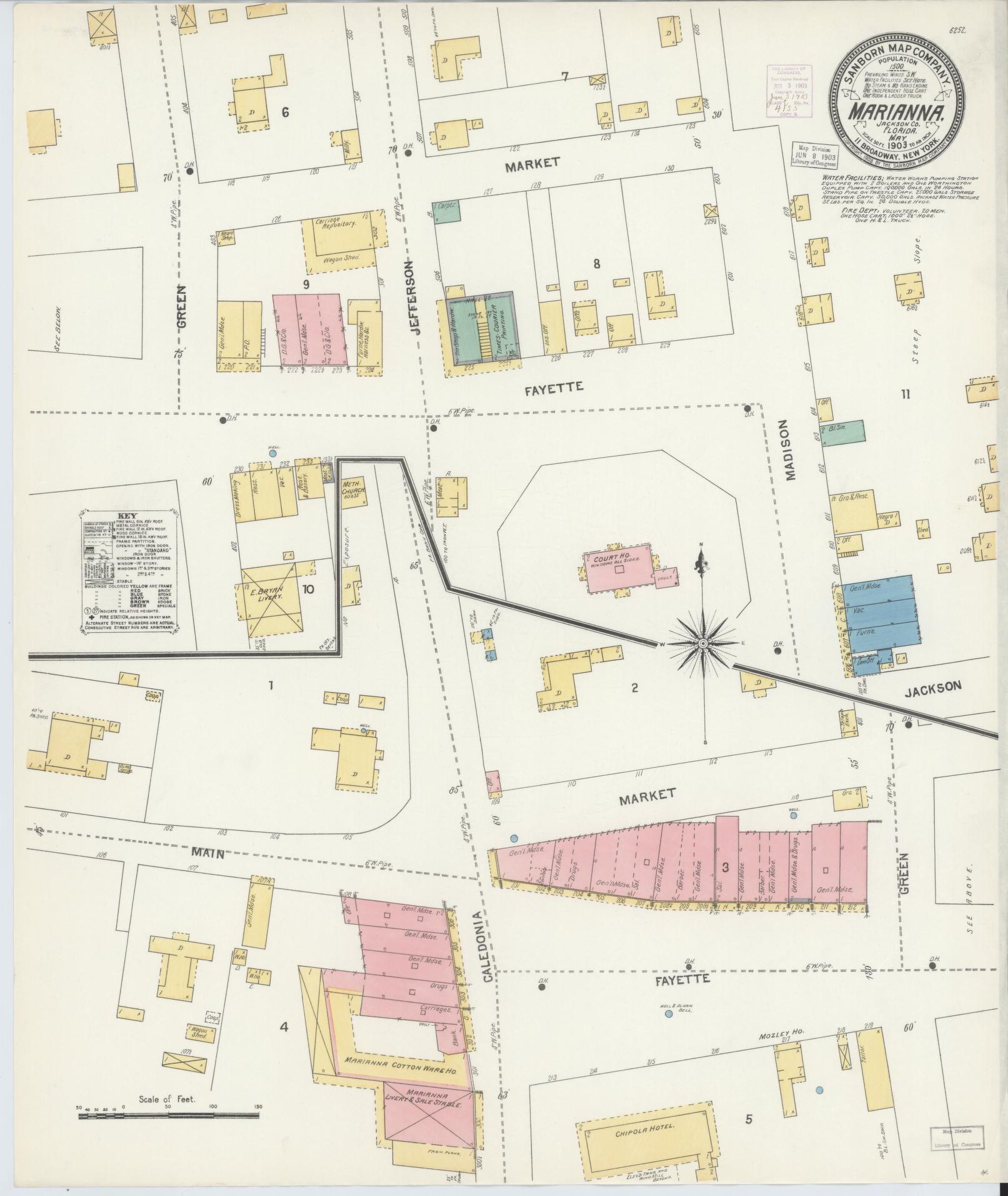 Sanborn Fire Insurance Map from Marianna, Jackson County, Florida (1903), Sheet #0001 - Historic Sanborn Fire Insurance Map Print, vintage old map wall art, antique decor, genealogy gift, Florida Florida map