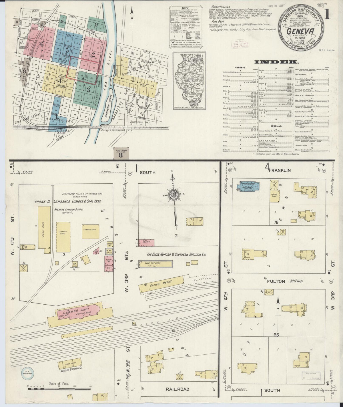 Sanborn Fire Insurance Map from Geneva, Kane County, Illinois (1912), Sheet #0001 - Complete Map Set gallery image, historic Sanborn map, vintage wall art, Illinois Illinois