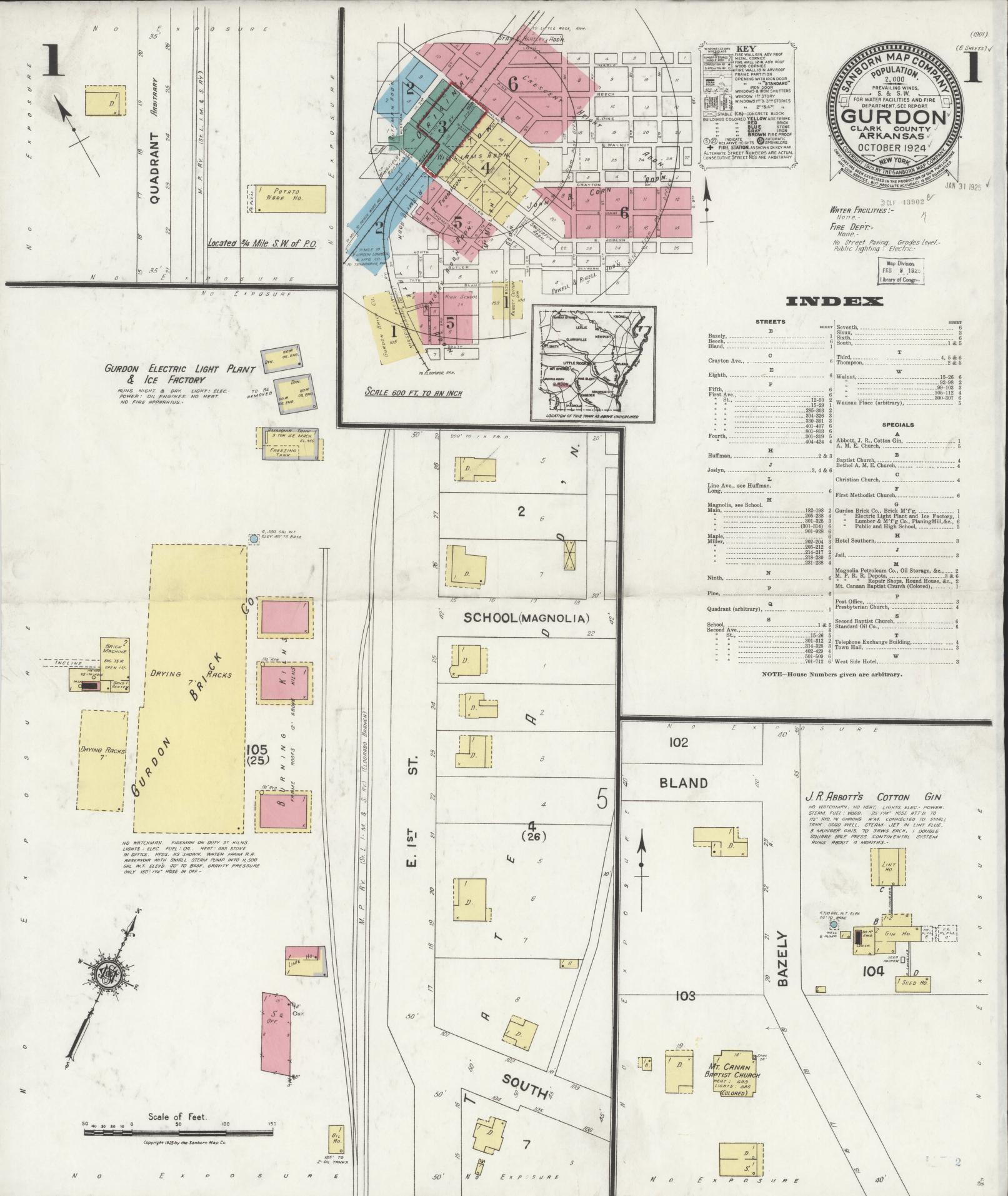 Sanborn Fire Insurance Map from Gurdon, Clark County, Arkansas (1924), Sheet #0001 - Complete Map Set gallery image, historic Sanborn map, vintage wall art, Arkansas Arkansas