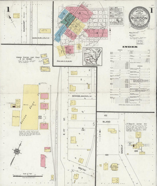 Sanborn Fire Insurance Map from Gurdon, Clark County, Arkansas (1924), Sheet #0001 - Complete Map Set gallery image, historic Sanborn map, vintage wall art, Arkansas Arkansas