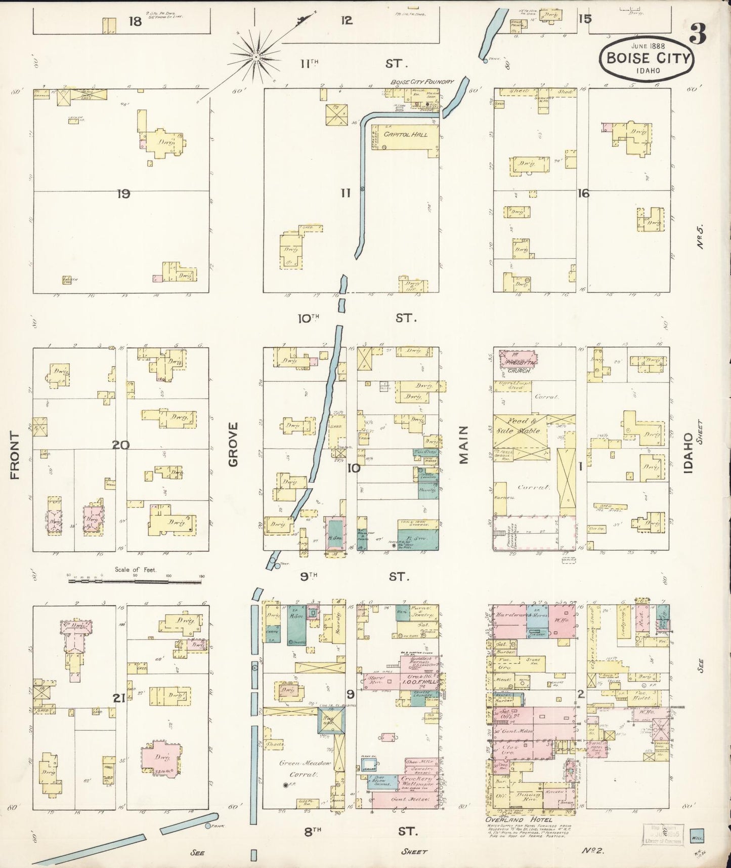 Sanborn Fire Insurance Map from Boise, Ada County, Idaho (1888), Sheet #0003 - Historic Sanborn Fire Insurance Map Print, vintage old map wall art, antique decor, genealogy gift, Idaho Idaho map