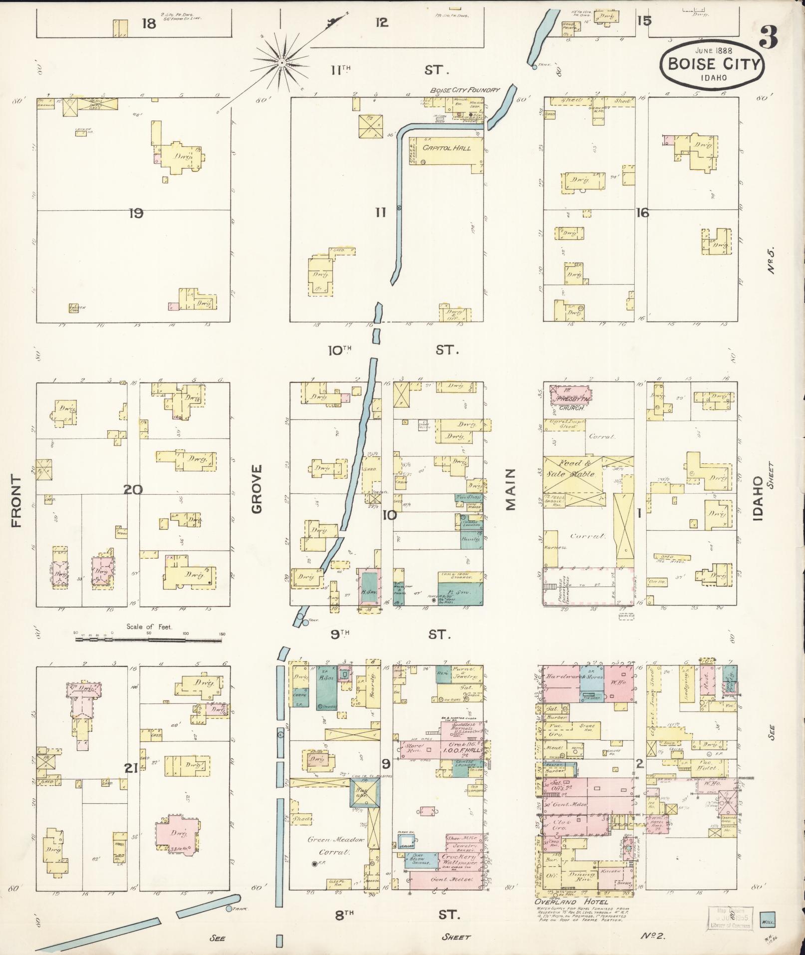 Sanborn Fire Insurance Map from Boise, Ada County, Idaho (1888), Sheet #0003 - Historic Sanborn Fire Insurance Map Print, vintage old map wall art, antique decor, genealogy gift, Idaho Idaho map