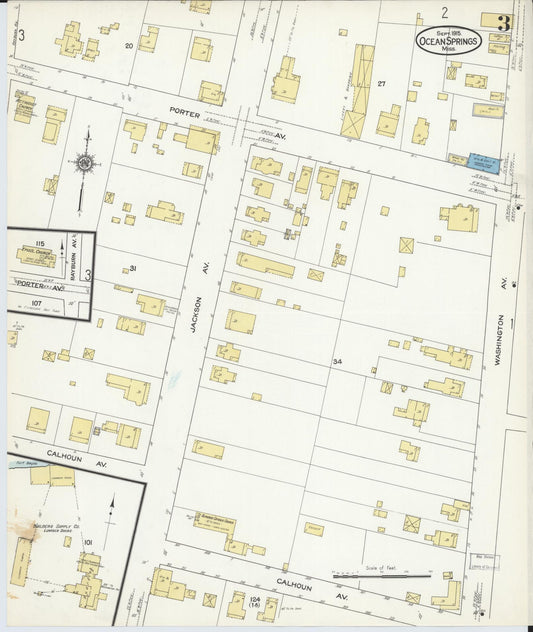 Sanborn Fire Insurance Map from Ocean Springs, Jackson County, Mississippi (1915), Sheet #0003 - Historic Sanborn Fire Insurance Map Print, vintage old map wall art, antique decor, genealogy gift, Mississippi Mississippi map