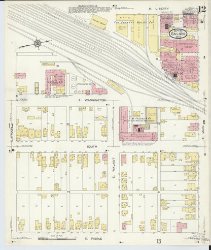Sanborn Fire Insurance Map from Galion, Crawford County, Ohio (1913), Sheet #0012 - Historic Sanborn Fire Insurance Map Print, vintage old map wall art, antique decor, genealogy gift, Ohio Ohio map