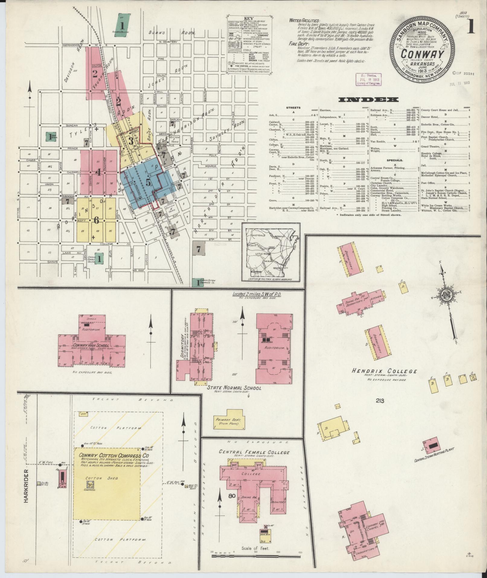 Sanborn Fire Insurance Map from Conway, Faulkner County, Arkansas (1913), Sheet #0001 - Complete Map Set gallery image, historic Sanborn map, vintage wall art, Arkansas Arkansas