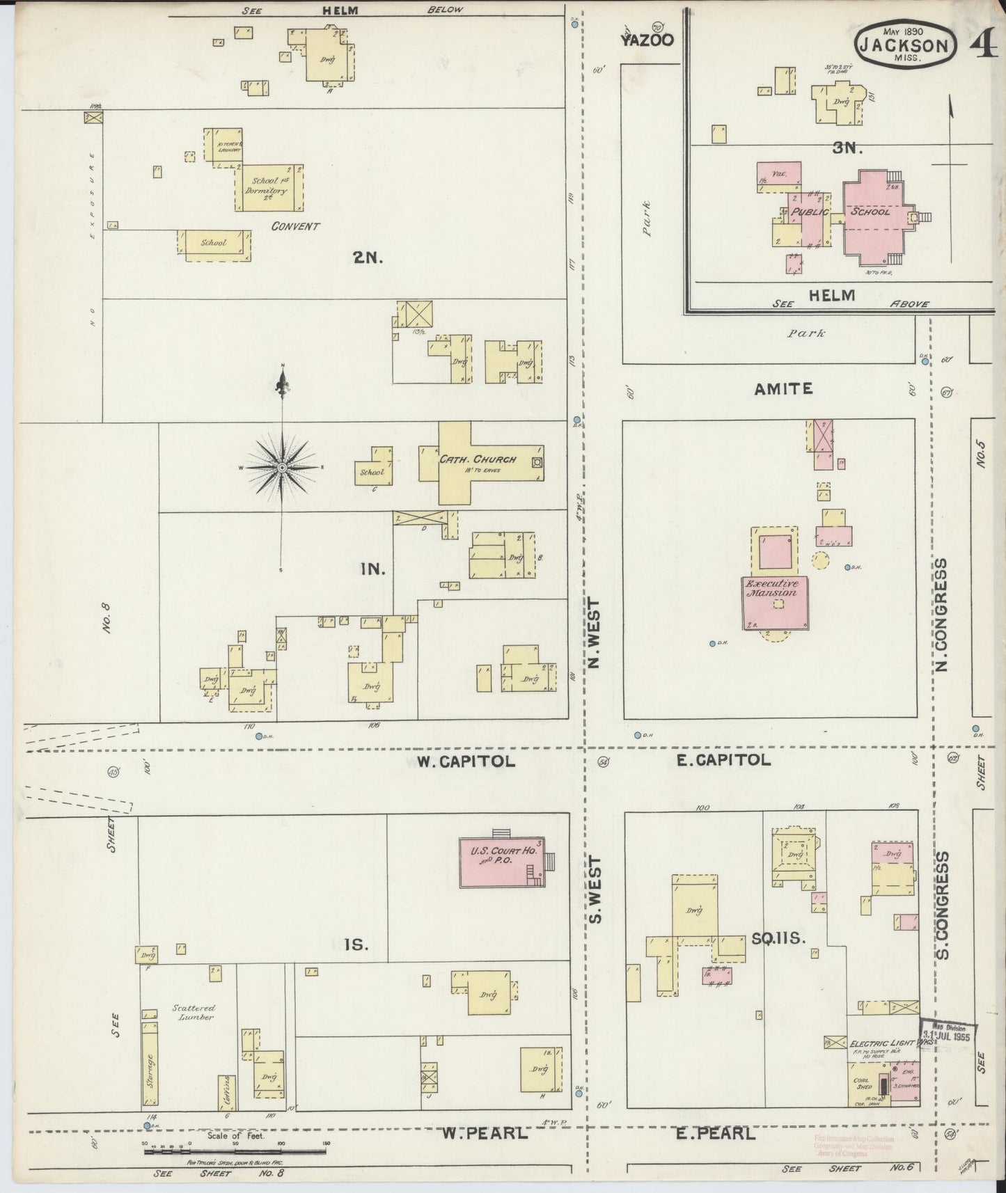 Sanborn Fire Insurance Map from Jackson, Hinds County, Mississippi (1890), Sheet #0004 - Historic Sanborn Fire Insurance Map Print, vintage old map wall art, antique decor, genealogy gift, Mississippi Mississippi map