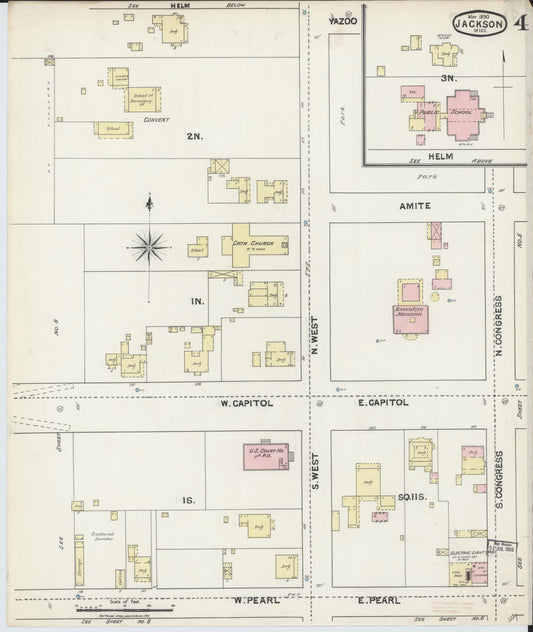 Sanborn Fire Insurance Map from Jackson, Hinds County, Mississippi (1890), Sheet #0004 - Historic Sanborn Fire Insurance Map Print, vintage old map wall art, antique decor, genealogy gift, Mississippi Mississippi map
