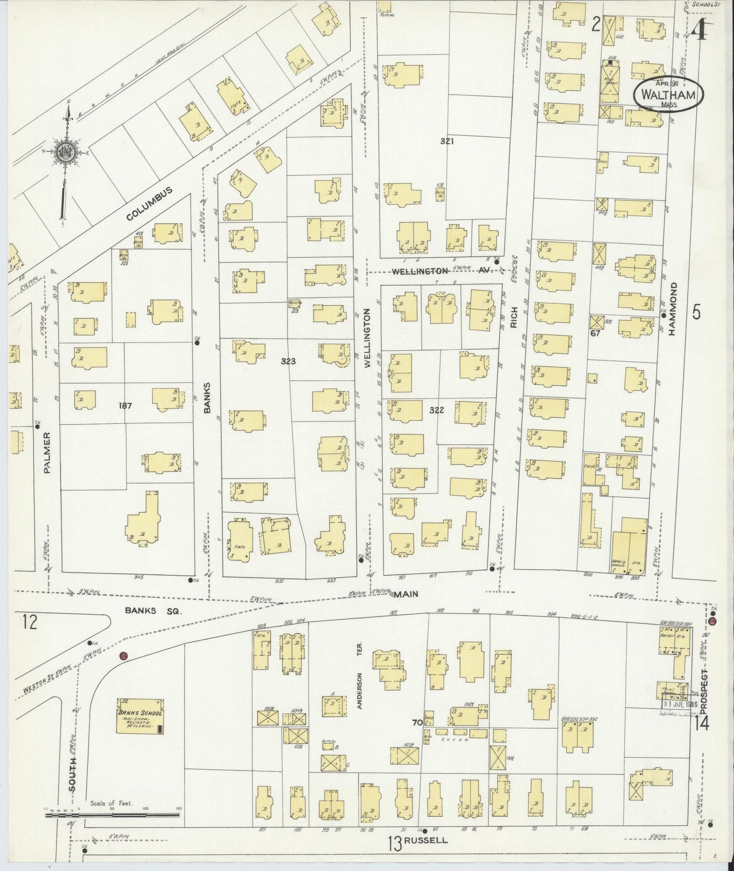 Sanborn Fire Insurance Map from Waltham, Middlesex County, Massachusetts (1911), Sheet #0004 - Complete Map Set gallery image, historic Sanborn map, vintage wall art, Massachusetts Massachusetts