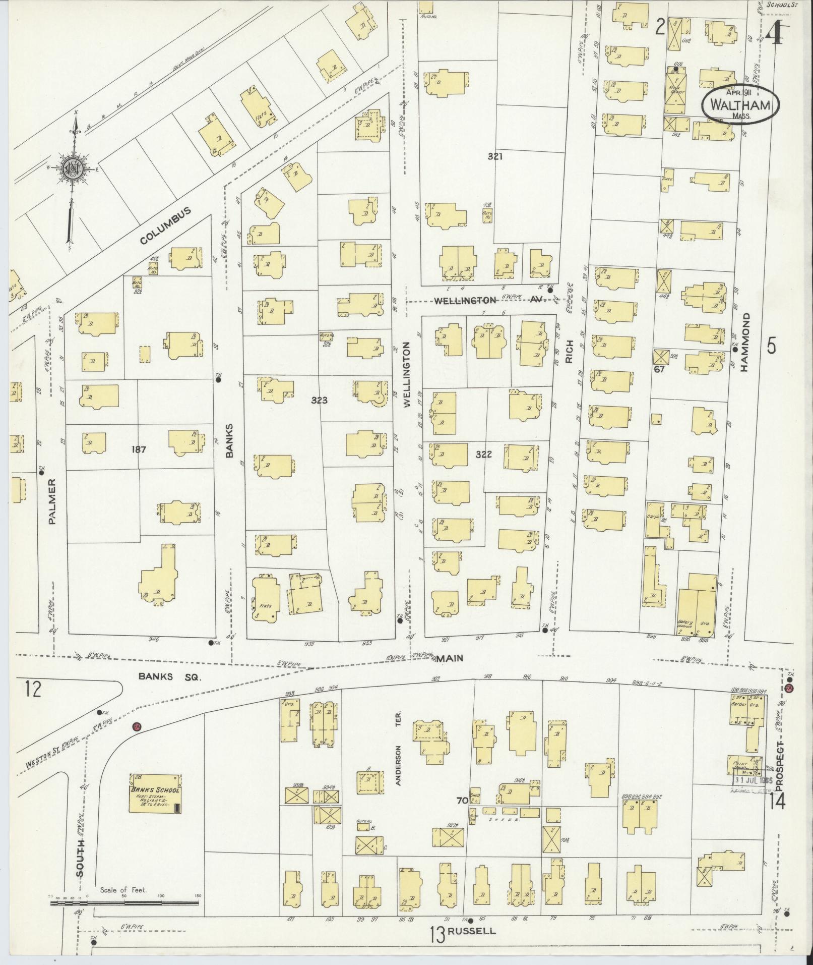 Sanborn Fire Insurance Map from Waltham, Middlesex County, Massachusetts (1911), Sheet #0004 - Complete Map Set gallery image, historic Sanborn map, vintage wall art, Massachusetts Massachusetts