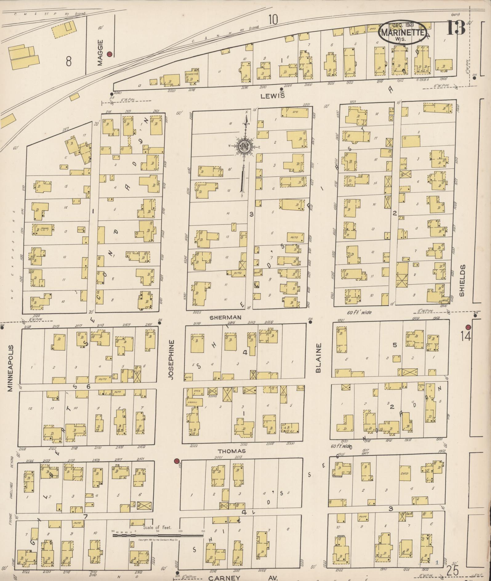 Sanborn Fire Insurance Map from Marinette, Marinette County, Wisconsin (1921), Sheet #0013 - Historic Sanborn Fire Insurance Map Print, vintage old map wall art, antique decor, genealogy gift, Wisconsin Wisconsin map